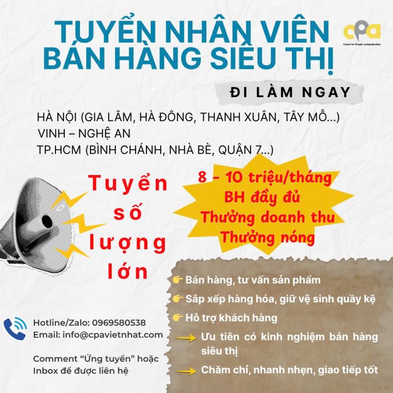 TUYỂN NH&Acirc;N VI&Ecirc;N B&Aacute;N H&Agrave;NG SI&Ecirc;U THỊ &ndash; ĐI L&Agrave;M NGAY