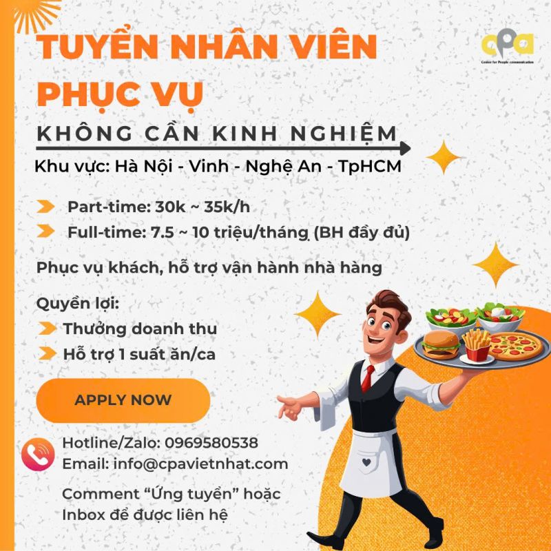 TUYỂN NH&Acirc;N VI&Ecirc;N PHỤC VỤ &ndash; KH&Ocirc;NG Y&Ecirc;U CẦU KINH NGHIỆM